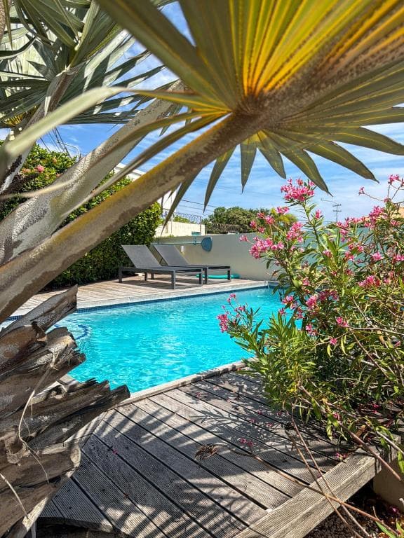 Zwembad van het resort gezien tussen een palmblad en roze oleanderbloemen door